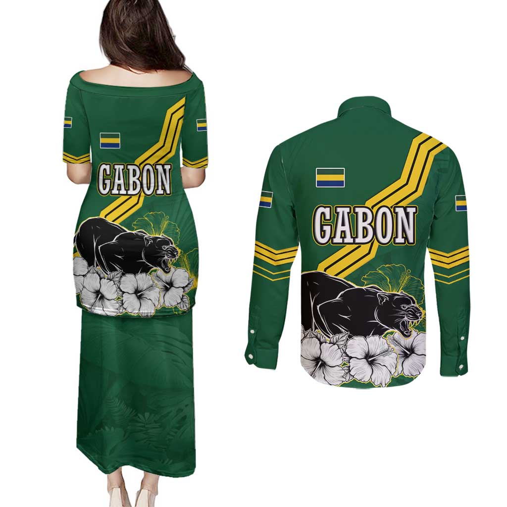 Gabon Couples Matching Puletasi and Long Sleeve Button Shirt with Black Panther Graphic and Hibiscus Flower Design in National Colors