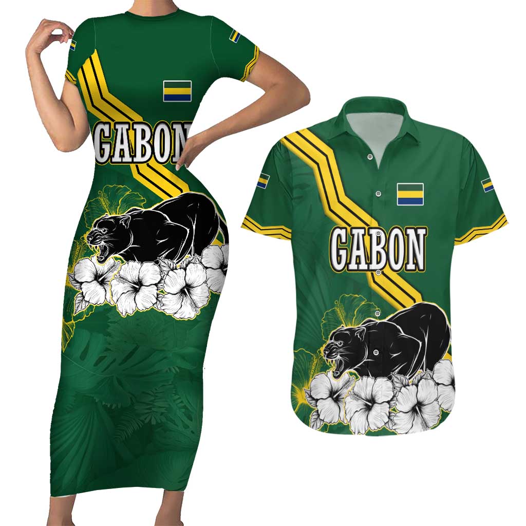 Gabon Couples Matching Short Sleeve Bodycon Dress and Hawaiian Shirt with Black Panther Graphic and Hibiscus Flower Design in National Colors