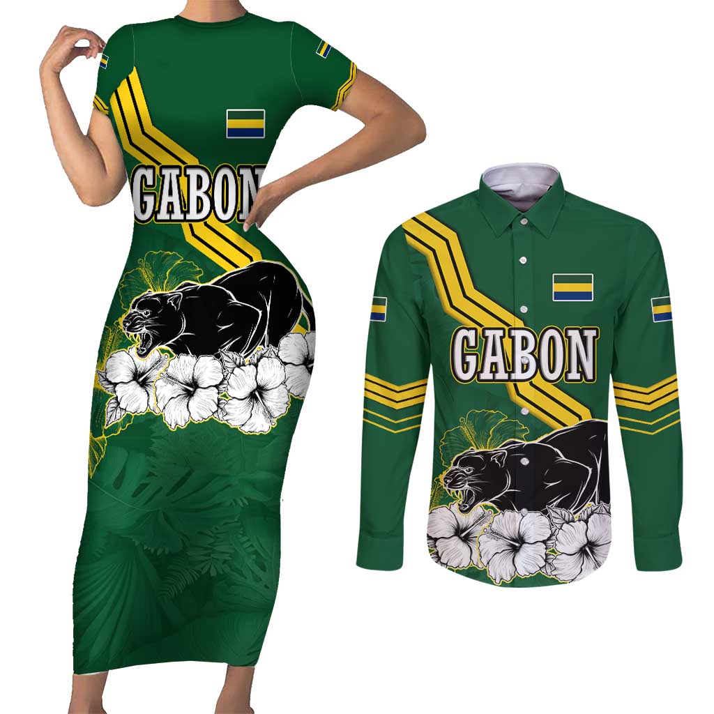 Gabon Couples Matching Short Sleeve Bodycon Dress and Long Sleeve Button Shirt with Black Panther Graphic and Hibiscus Flower Design in National Colors