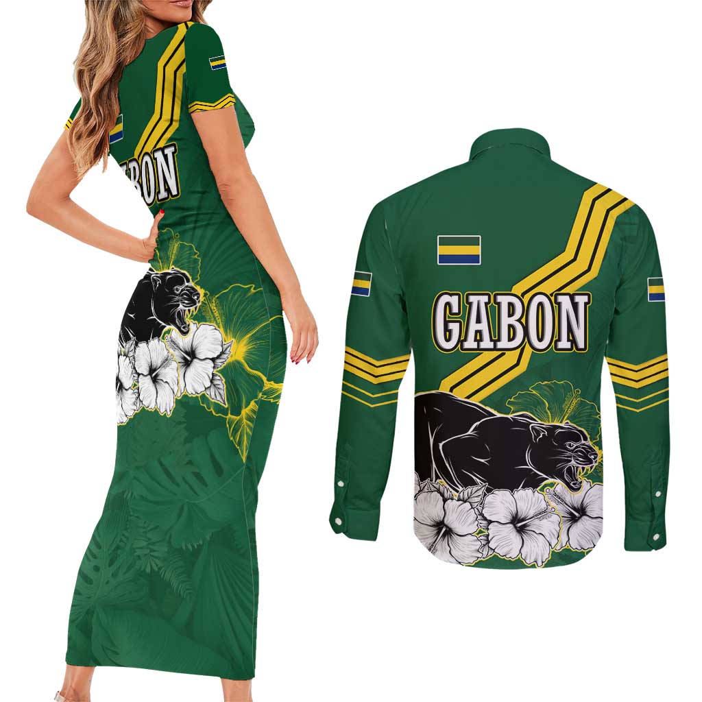 Gabon Couples Matching Short Sleeve Bodycon Dress and Long Sleeve Button Shirt with Black Panther Graphic and Hibiscus Flower Design in National Colors