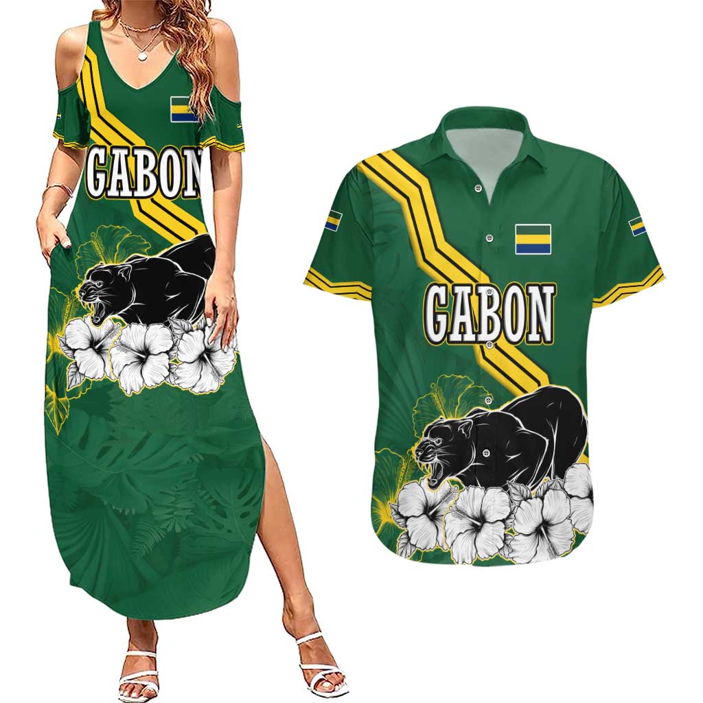 Gabon Couples Matching Summer Maxi Dress and Hawaiian Shirt with Black Panther Graphic and Hibiscus Flower Design in National Colors