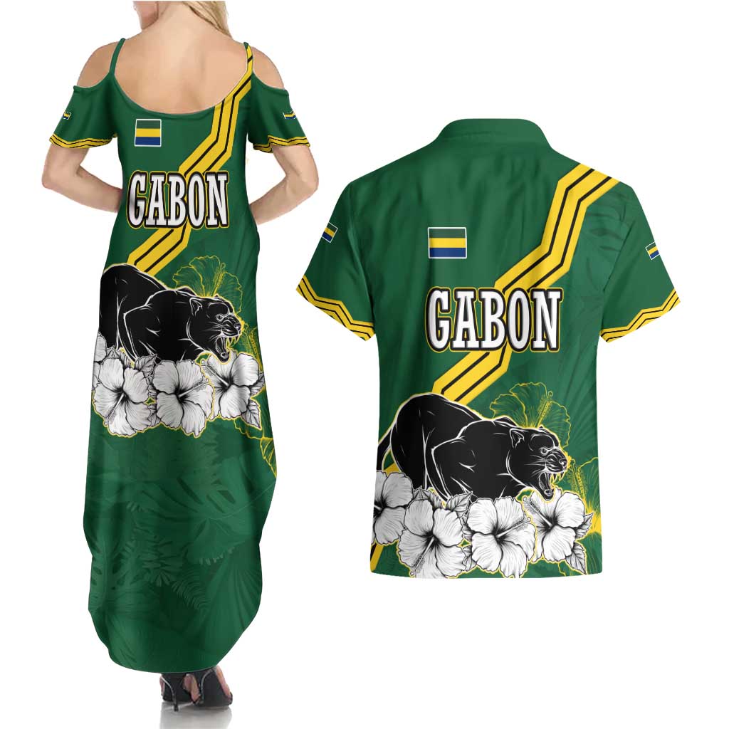 Gabon Couples Matching Summer Maxi Dress and Hawaiian Shirt with Black Panther Graphic and Hibiscus Flower Design in National Colors