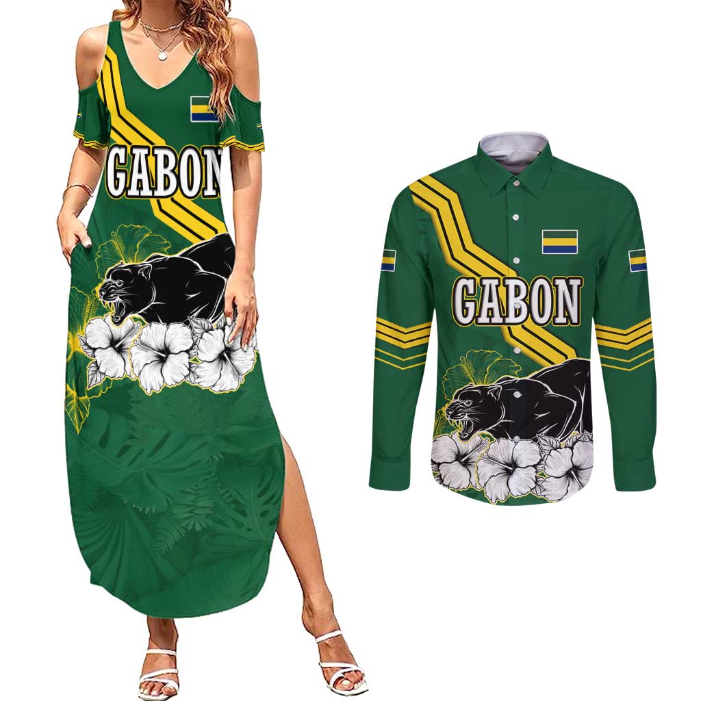 Gabon Couples Matching Summer Maxi Dress and Long Sleeve Button Shirt with Black Panther Graphic and Hibiscus Flower Design in National Colors