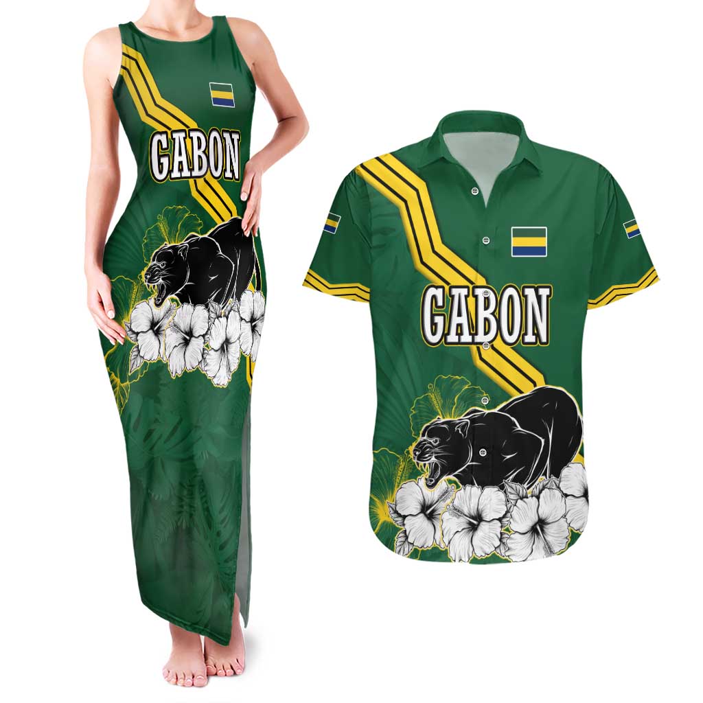 Gabon Couples Matching Tank Maxi Dress and Hawaiian Shirt with Black Panther Graphic and Hibiscus Flower Design in National Colors