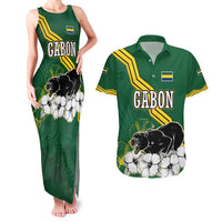 Gabon Couples Matching Tank Maxi Dress and Hawaiian Shirt with Black Panther Graphic and Hibiscus Flower Design in National Colors
