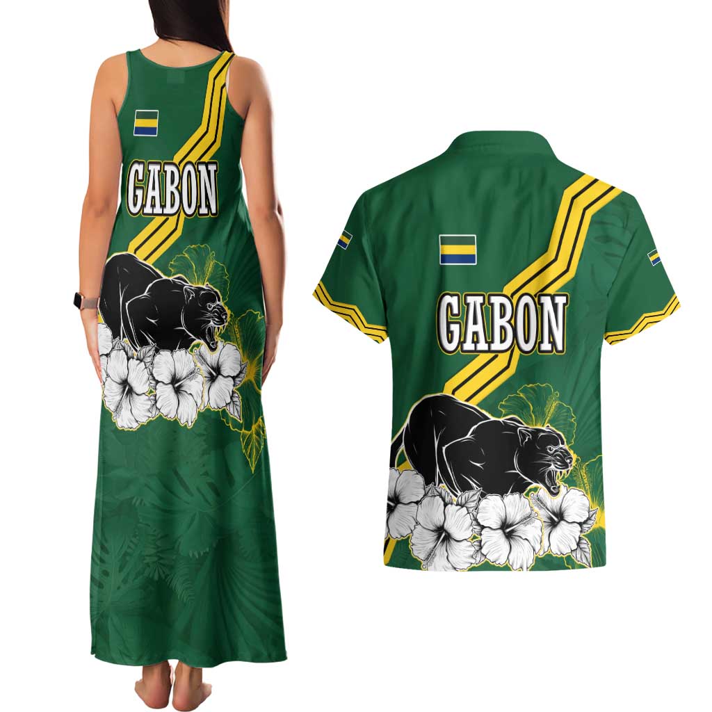 Gabon Couples Matching Tank Maxi Dress and Hawaiian Shirt with Black Panther Graphic and Hibiscus Flower Design in National Colors