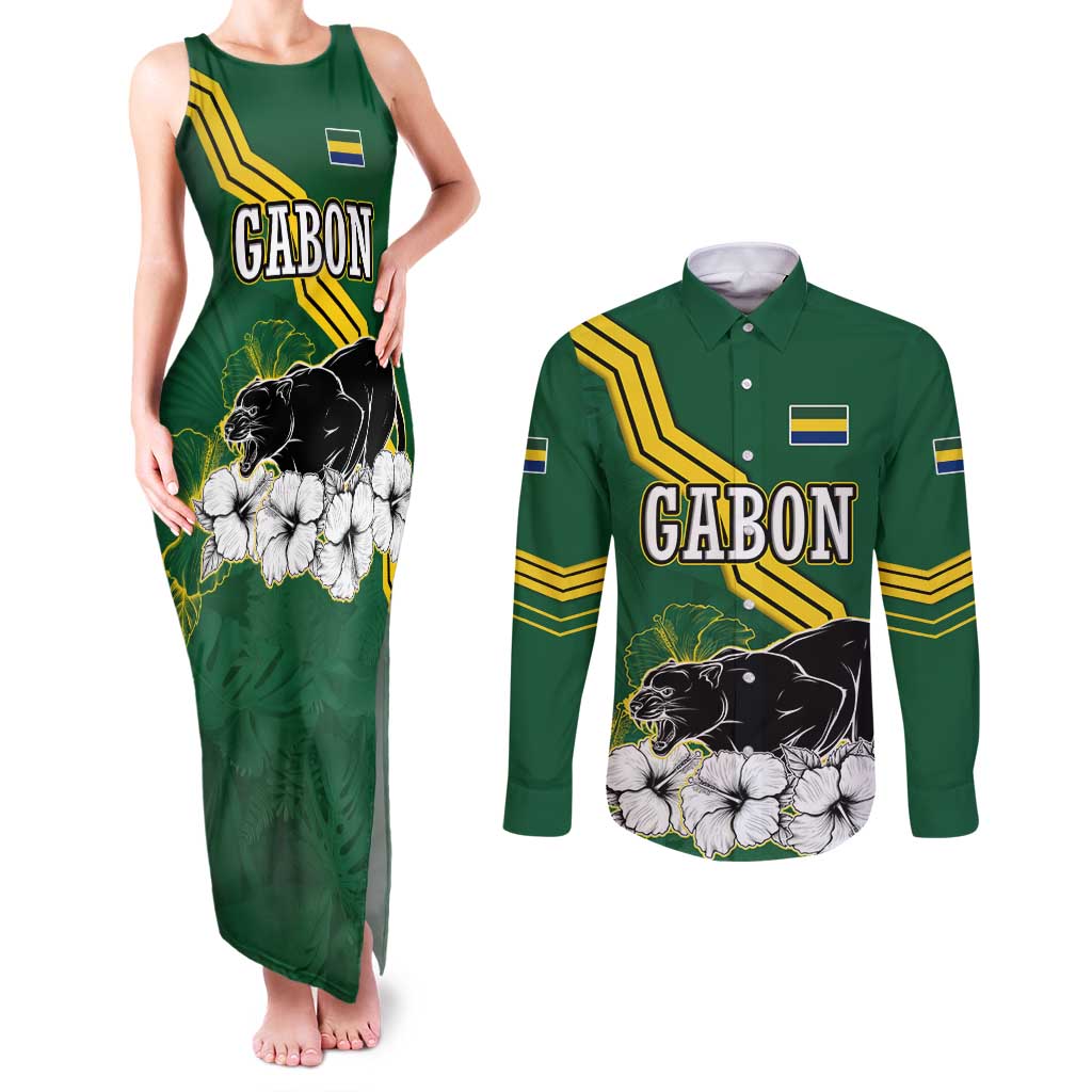 Gabon Couples Matching Tank Maxi Dress and Long Sleeve Button Shirt with Black Panther Graphic and Hibiscus Flower Design in National Colors