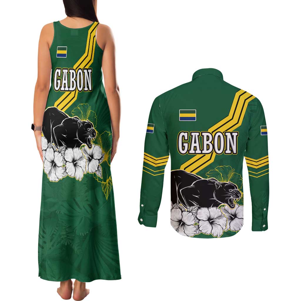 Gabon Couples Matching Tank Maxi Dress and Long Sleeve Button Shirt with Black Panther Graphic and Hibiscus Flower Design in National Colors