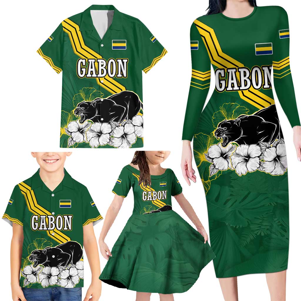 Gabon Family Matching Long Sleeve Bodycon Dress and Hawaiian Shirt with Black Panther Graphic and Hibiscus Flower Design in National Colors