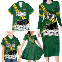 Gabon Family Matching Long Sleeve Bodycon Dress and Hawaiian Shirt with Black Panther Graphic and Hibiscus Flower Design in National Colors