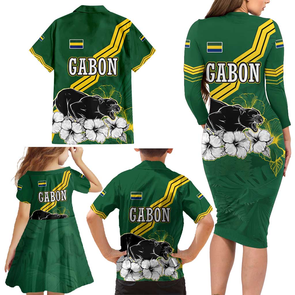 Gabon Family Matching Long Sleeve Bodycon Dress and Hawaiian Shirt with Black Panther Graphic and Hibiscus Flower Design in National Colors