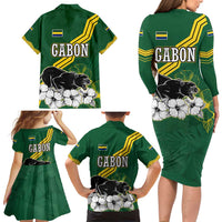 Gabon Family Matching Long Sleeve Bodycon Dress and Hawaiian Shirt with Black Panther Graphic and Hibiscus Flower Design in National Colors