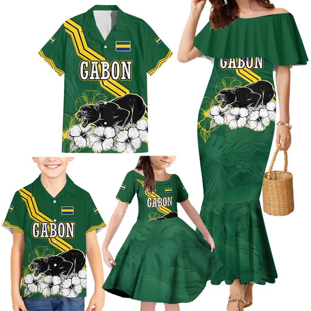 Gabon Family Matching Mermaid Dress and Hawaiian Shirt with Black Panther Graphic and Hibiscus Flower Design in National Colors