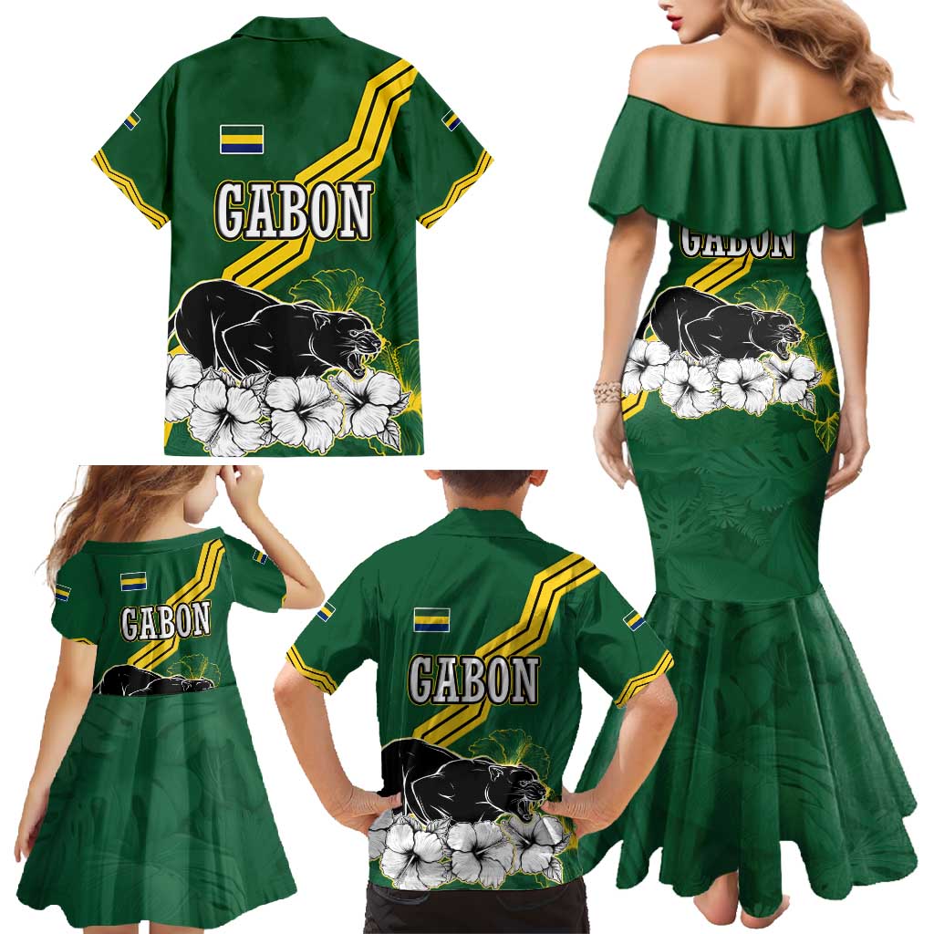 Gabon Family Matching Mermaid Dress and Hawaiian Shirt with Black Panther Graphic and Hibiscus Flower Design in National Colors