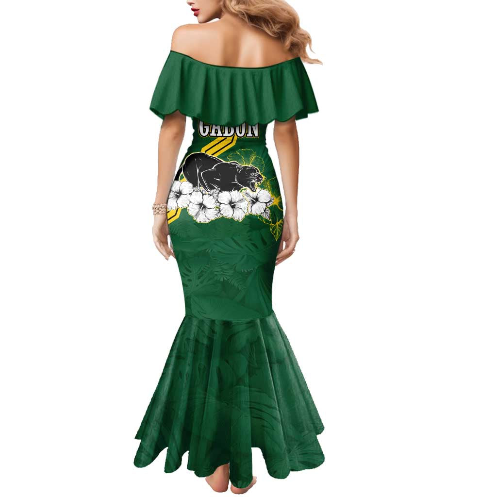 Gabon Family Matching Mermaid Dress and Hawaiian Shirt with Black Panther Graphic and Hibiscus Flower Design in National Colors