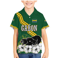 Gabon Family Matching Mermaid Dress and Hawaiian Shirt with Black Panther Graphic and Hibiscus Flower Design in National Colors