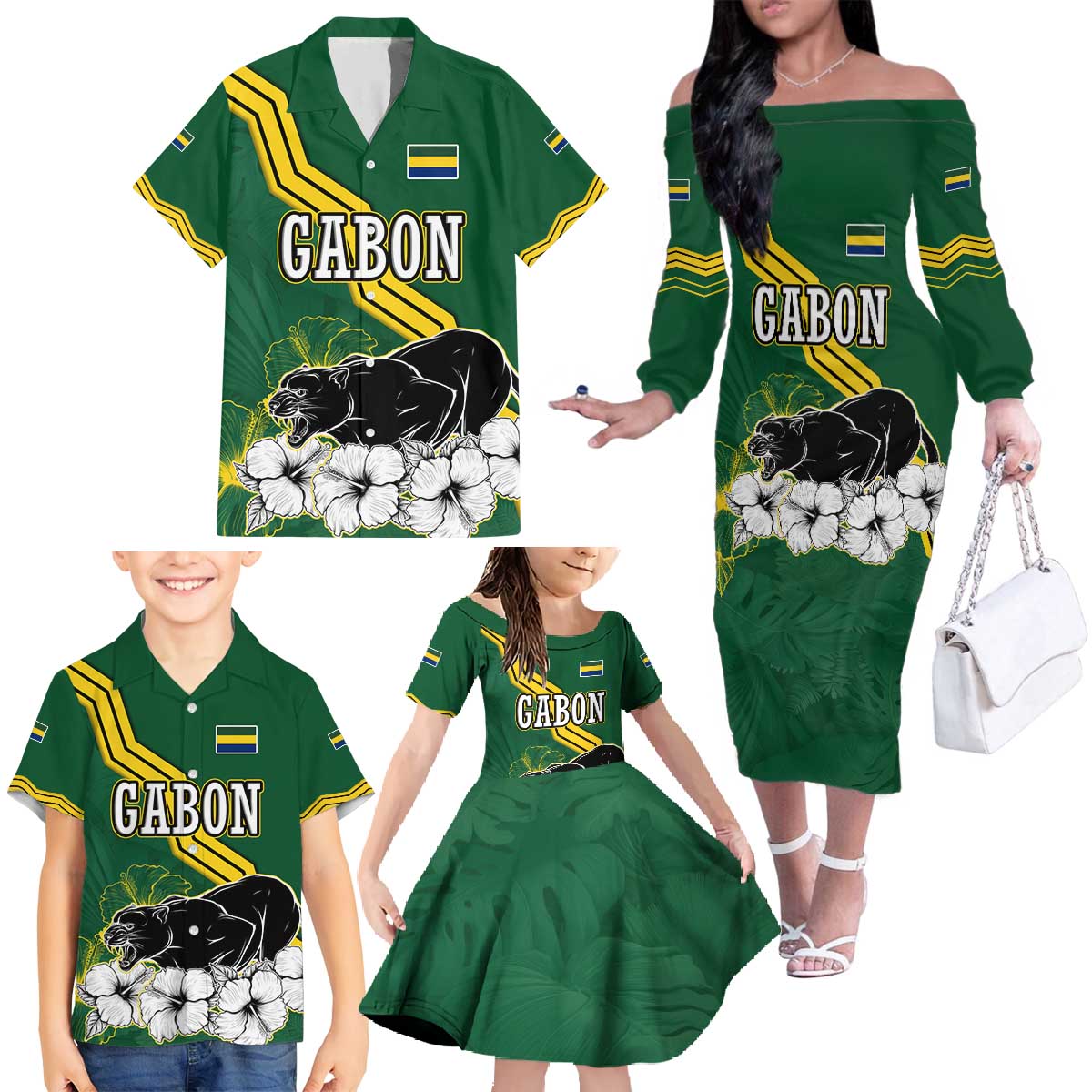 Gabon Family Matching Off The Shoulder Long Sleeve Dress and Hawaiian Shirt with Black Panther Graphic and Hibiscus Flower Design in National Colors