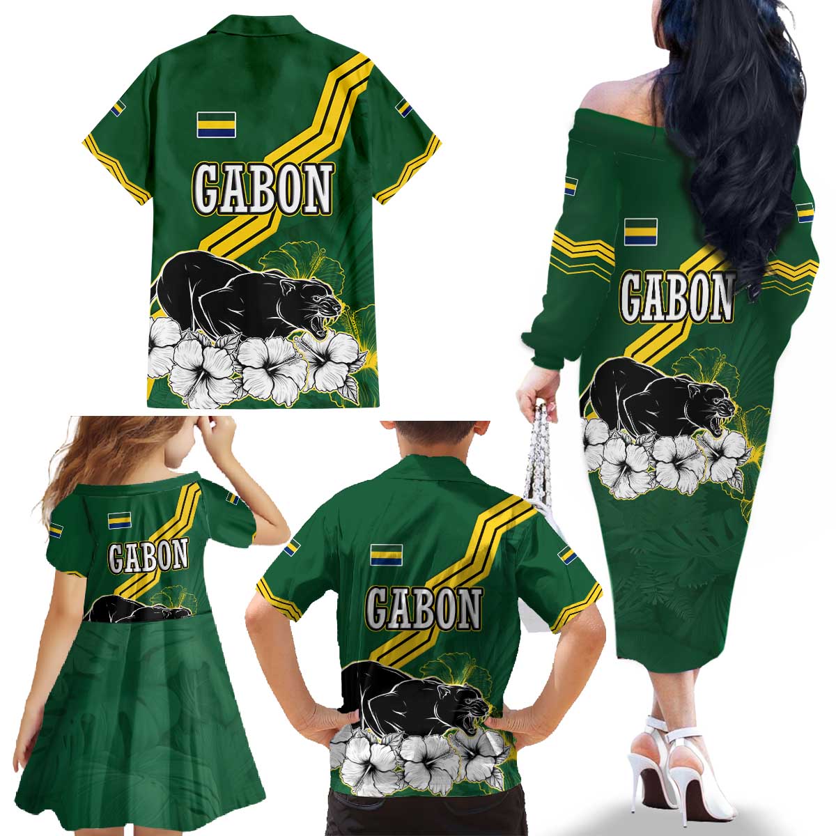 Gabon Family Matching Off The Shoulder Long Sleeve Dress and Hawaiian Shirt with Black Panther Graphic and Hibiscus Flower Design in National Colors