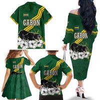 Gabon Family Matching Off The Shoulder Long Sleeve Dress and Hawaiian Shirt with Black Panther Graphic and Hibiscus Flower Design in National Colors