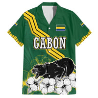 Gabon Family Matching Off The Shoulder Long Sleeve Dress and Hawaiian Shirt with Black Panther Graphic and Hibiscus Flower Design in National Colors