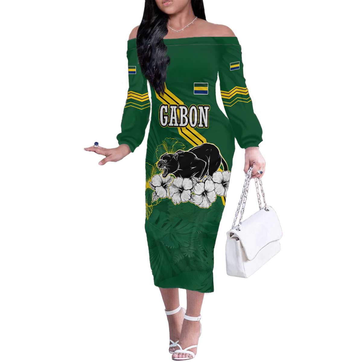 Gabon Family Matching Off The Shoulder Long Sleeve Dress and Hawaiian Shirt with Black Panther Graphic and Hibiscus Flower Design in National Colors