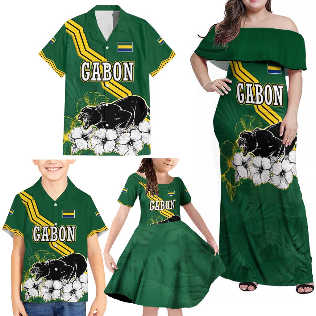 Gabon Family Matching Off Shoulder Maxi Dress and Hawaiian Shirt with Black Panther Graphic and Hibiscus Flower Design in National Colors