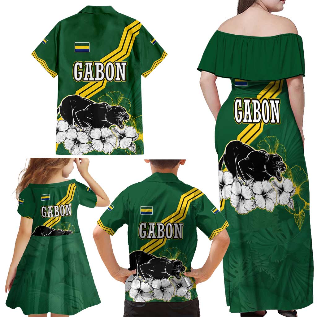 Gabon Family Matching Off Shoulder Maxi Dress and Hawaiian Shirt with Black Panther Graphic and Hibiscus Flower Design in National Colors