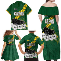 Gabon Family Matching Off Shoulder Maxi Dress and Hawaiian Shirt with Black Panther Graphic and Hibiscus Flower Design in National Colors