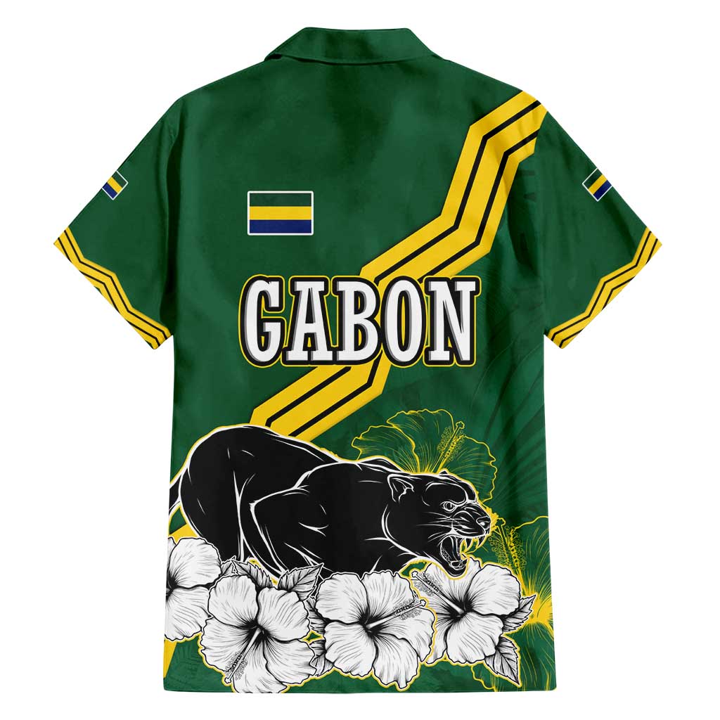 Gabon Family Matching Off Shoulder Maxi Dress and Hawaiian Shirt with Black Panther Graphic and Hibiscus Flower Design in National Colors