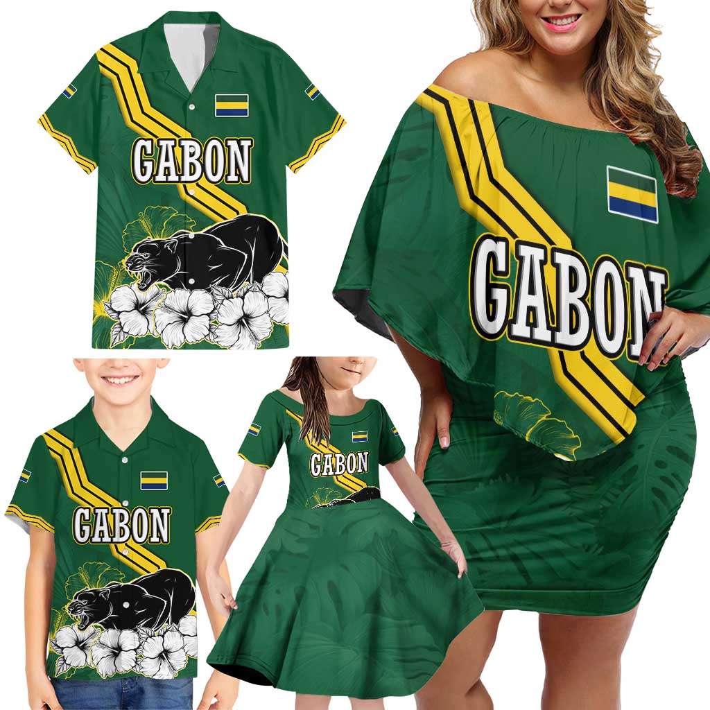 Gabon Family Matching Off Shoulder Short Dress and Hawaiian Shirt with Black Panther Graphic and Hibiscus Flower Design in National Colors