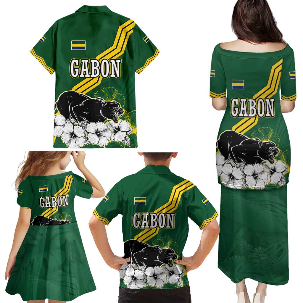 Gabon Family Matching Puletasi and Hawaiian Shirt with Black Panther Graphic and Hibiscus Flower Design in National Colors