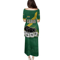 Gabon Family Matching Puletasi and Hawaiian Shirt with Black Panther Graphic and Hibiscus Flower Design in National Colors