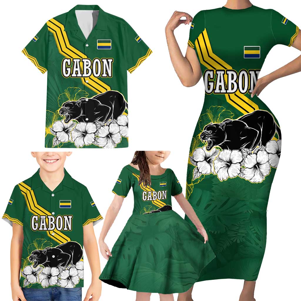 Gabon Family Matching Short Sleeve Bodycon Dress and Hawaiian Shirt with Black Panther Graphic and Hibiscus Flower Design in National Colors