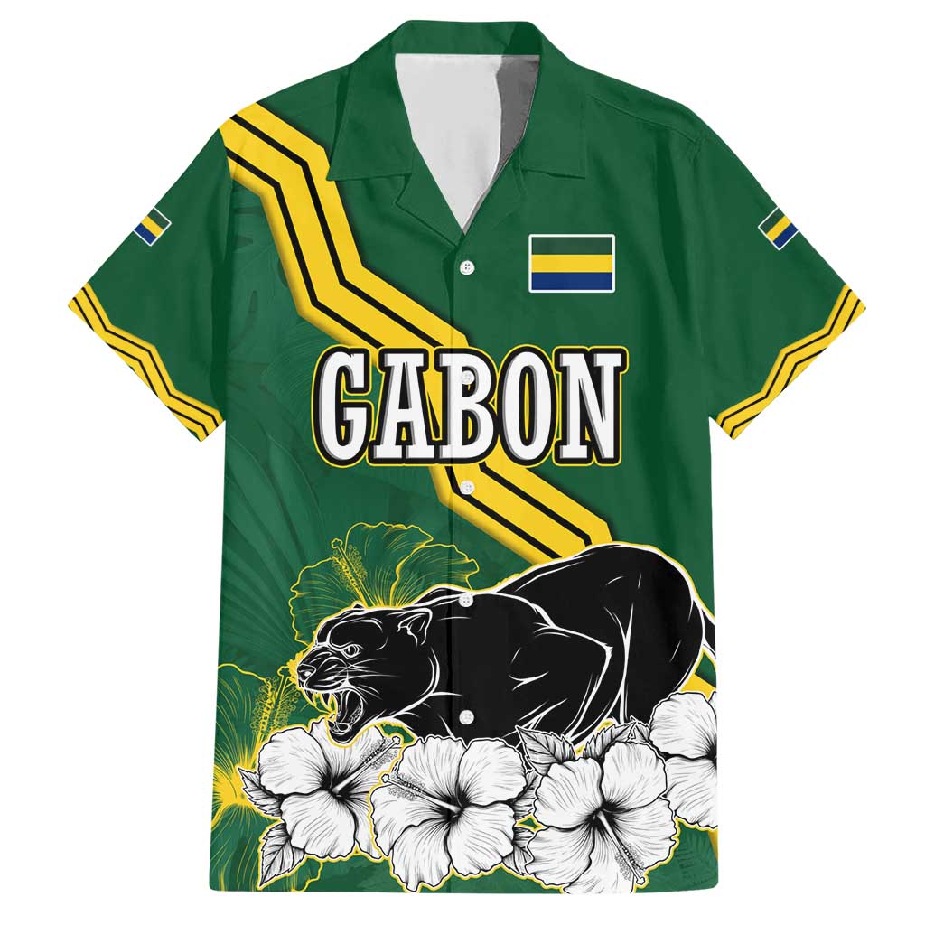 Gabon Family Matching Short Sleeve Bodycon Dress and Hawaiian Shirt with Black Panther Graphic and Hibiscus Flower Design in National Colors