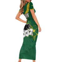 Gabon Family Matching Short Sleeve Bodycon Dress and Hawaiian Shirt with Black Panther Graphic and Hibiscus Flower Design in National Colors