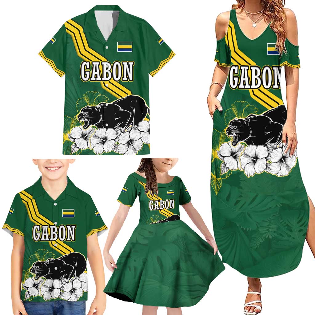 Gabon Family Matching Summer Maxi Dress and Hawaiian Shirt with Black Panther Graphic and Hibiscus Flower Design in National Colors