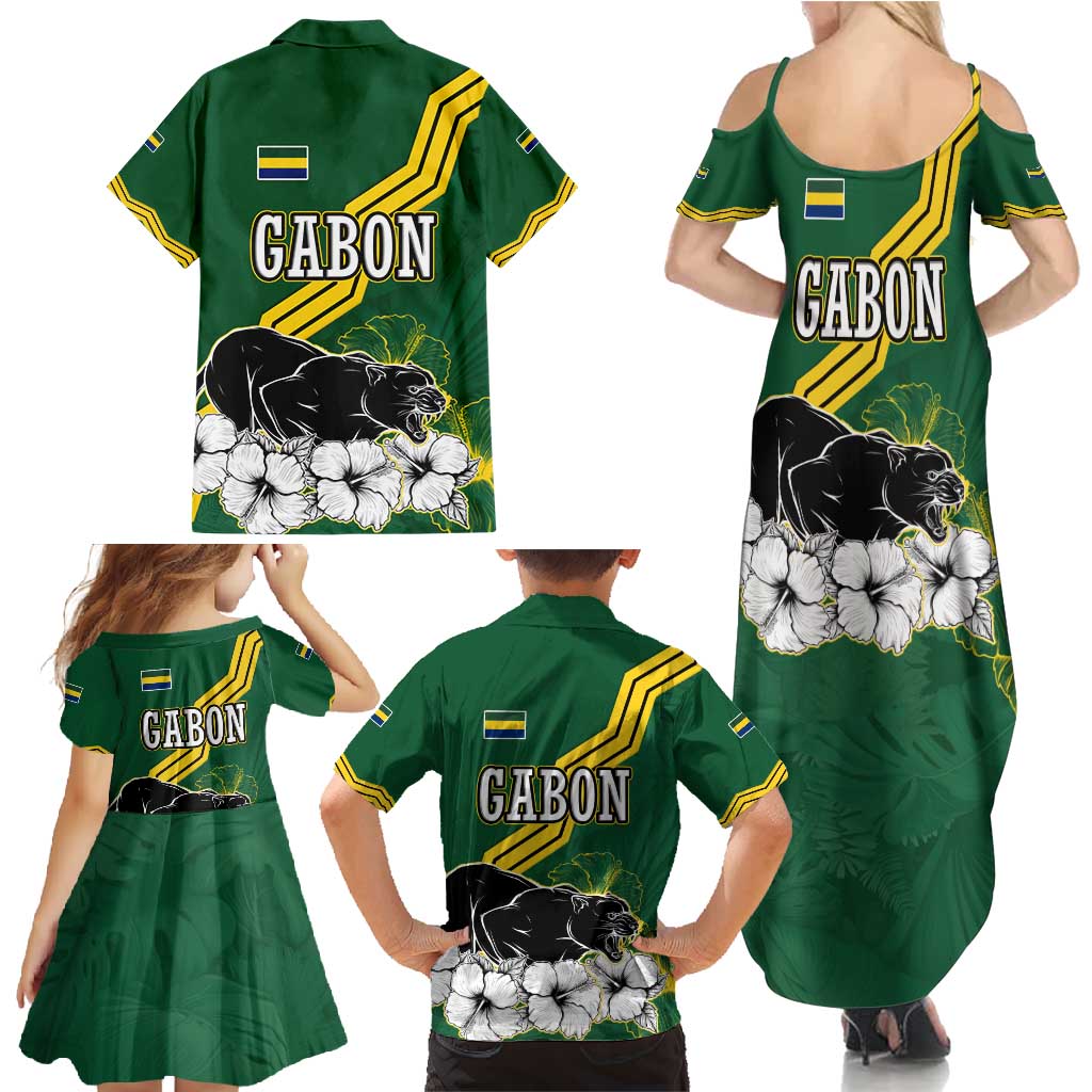 Gabon Family Matching Summer Maxi Dress and Hawaiian Shirt with Black Panther Graphic and Hibiscus Flower Design in National Colors