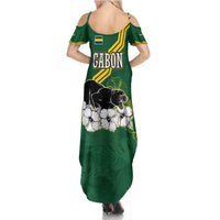 Gabon Family Matching Summer Maxi Dress and Hawaiian Shirt with Black Panther Graphic and Hibiscus Flower Design in National Colors