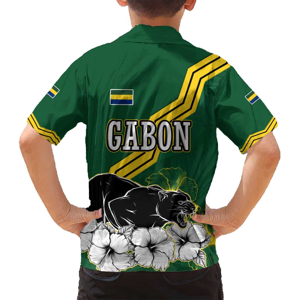 Gabon Family Matching Tank Maxi Dress and Hawaiian Shirt with Black Panther Graphic and Hibiscus Flower Design in National Colors