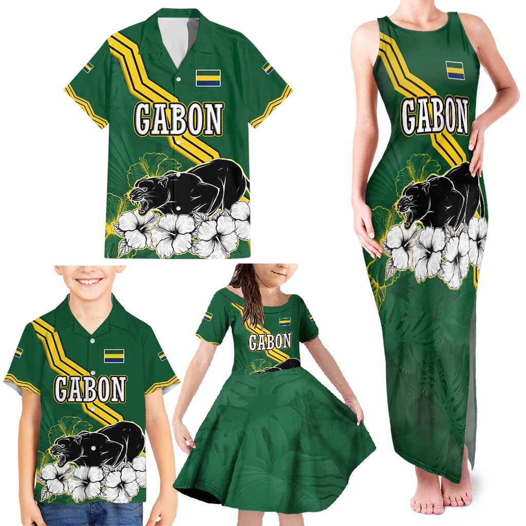 Gabon Family Matching Tank Maxi Dress and Hawaiian Shirt with Black Panther Graphic and Hibiscus Flower Design in National Colors