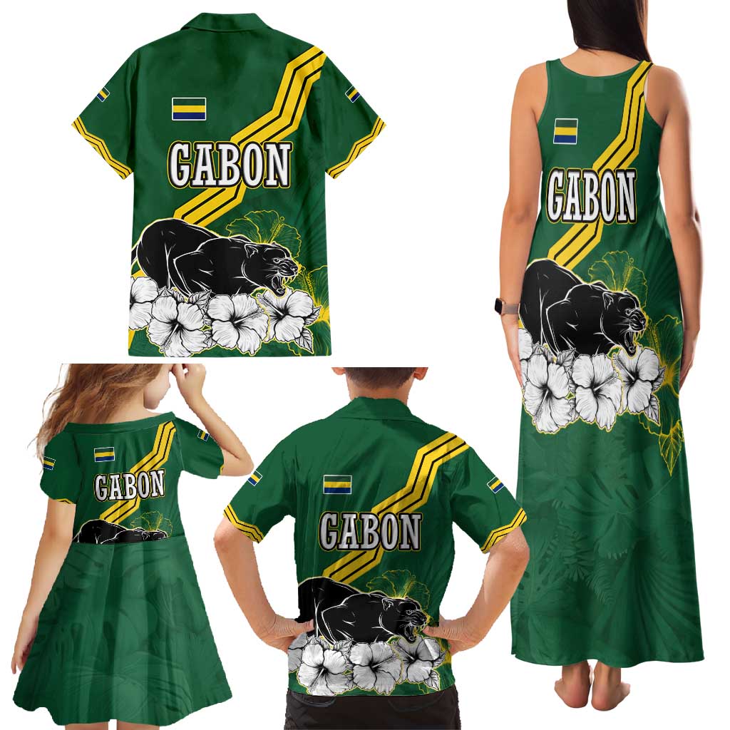 Gabon Family Matching Tank Maxi Dress and Hawaiian Shirt with Black Panther Graphic and Hibiscus Flower Design in National Colors
