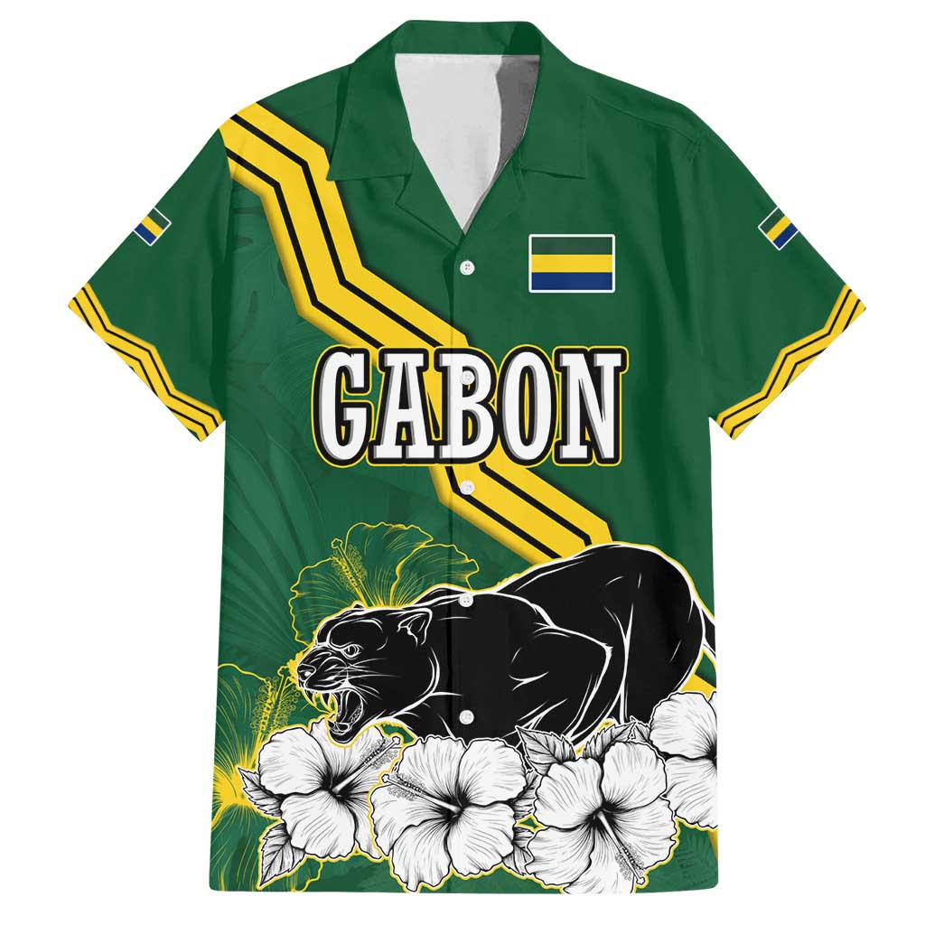 Gabon Family Matching Tank Maxi Dress and Hawaiian Shirt with Black Panther Graphic and Hibiscus Flower Design in National Colors