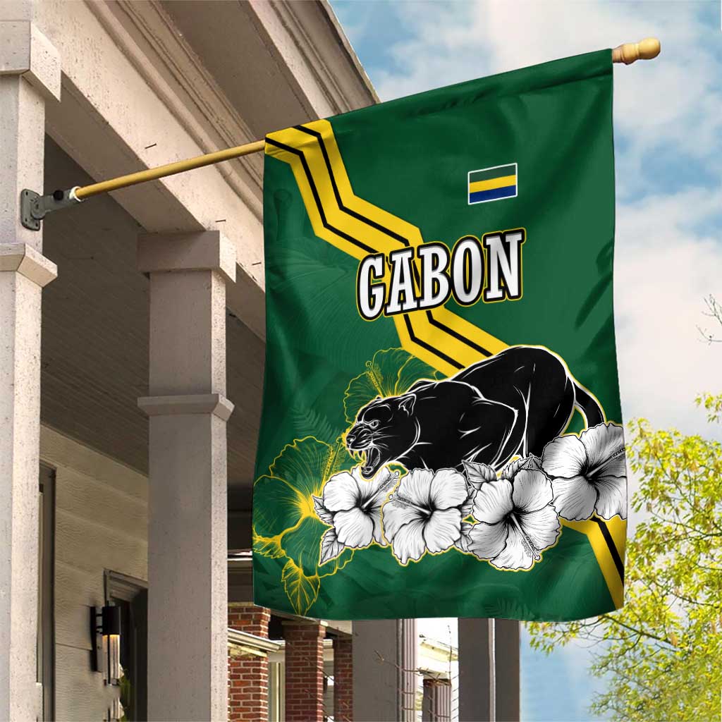 Gabon Garden Flag with Black Panther Graphic and Hibiscus Flower Design in National Colors