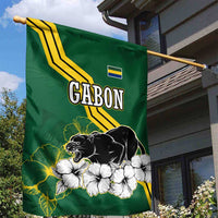 Gabon Garden Flag with Black Panther Graphic and Hibiscus Flower Design in National Colors