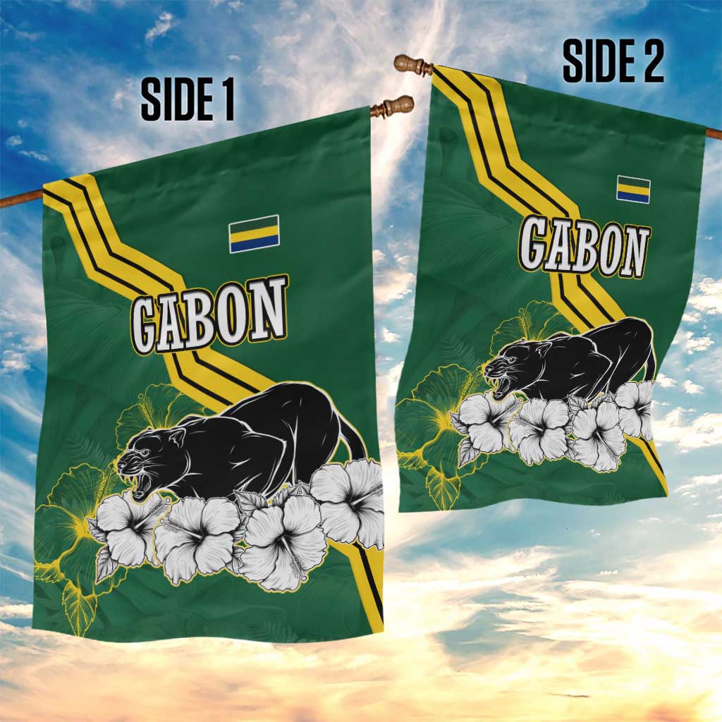 Gabon Garden Flag with Black Panther Graphic and Hibiscus Flower Design in National Colors