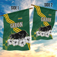 Gabon Garden Flag with Black Panther Graphic and Hibiscus Flower Design in National Colors