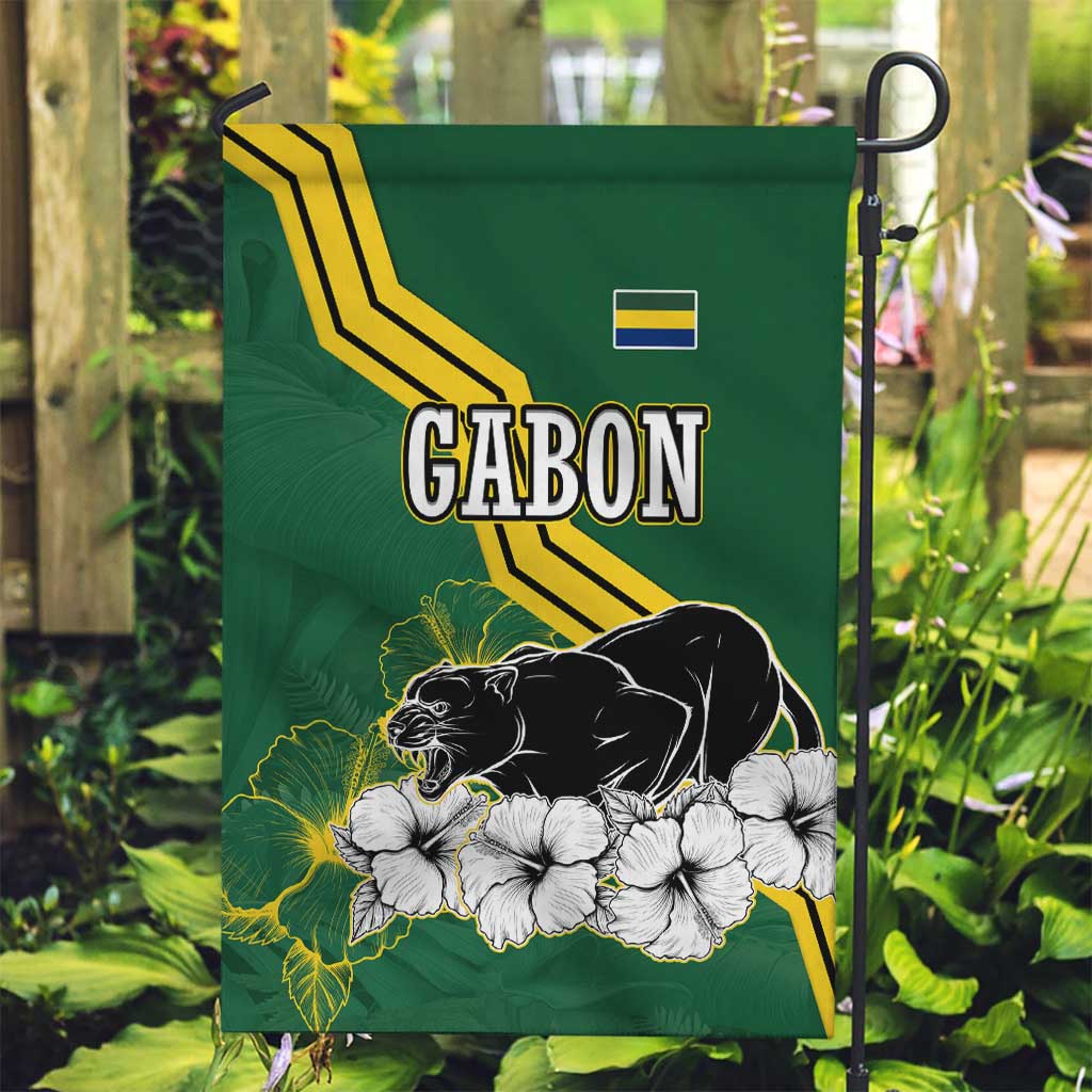 Gabon Garden Flag with Black Panther Graphic and Hibiscus Flower Design in National Colors
