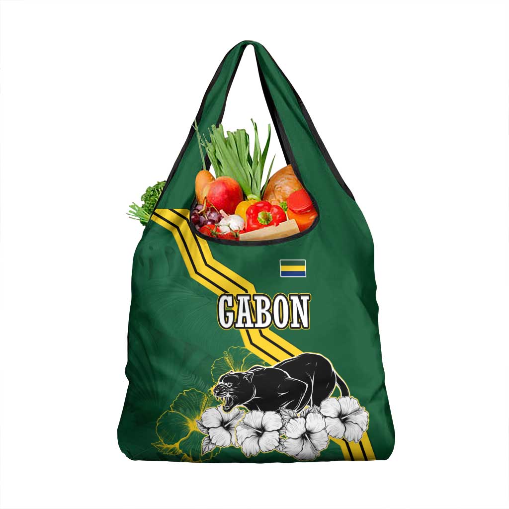 Gabon Grocery Bag with Black Panther Graphic and Hibiscus Flower Design in National Colors