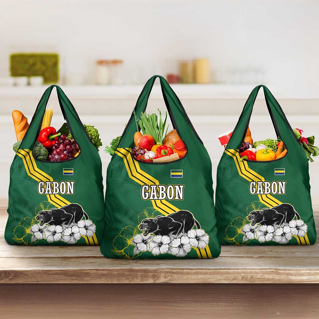 Gabon Grocery Bag with Black Panther Graphic and Hibiscus Flower Design in National Colors