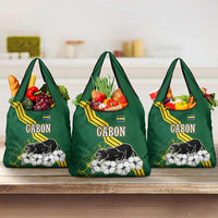Gabon Grocery Bag with Black Panther Graphic and Hibiscus Flower Design in National Colors